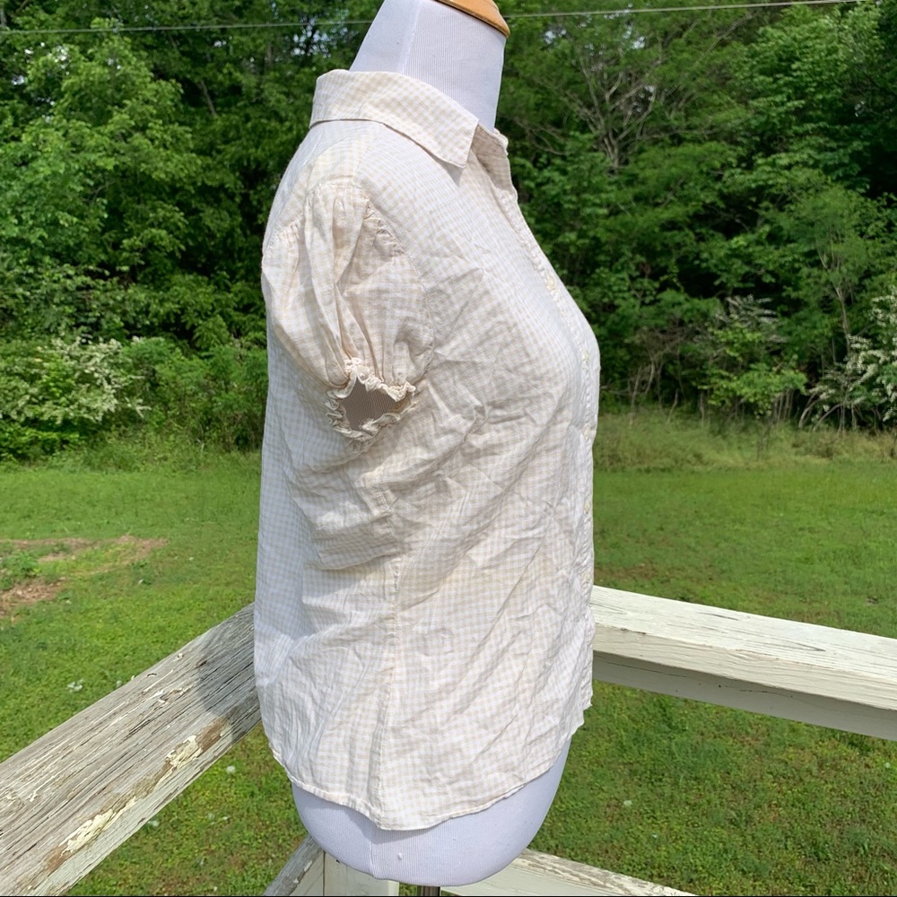 Vintage TH Tommy Hilfiger Soft Cotton Cream Gingham Button Puff Sleeve Blouse - Picture 4 of 9